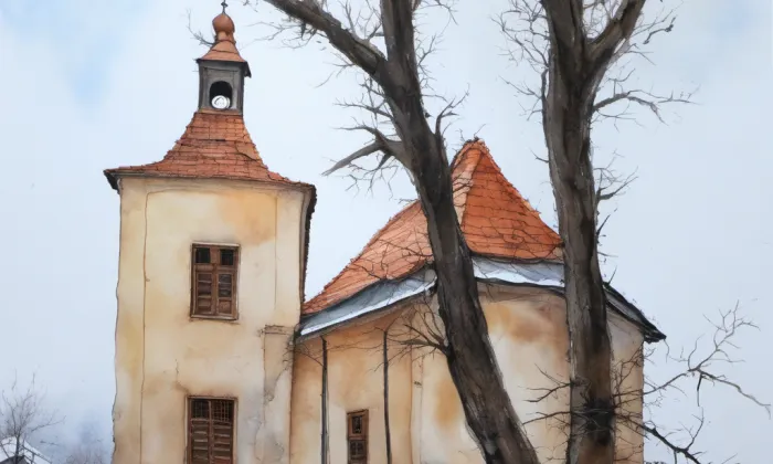 kostel svatého Jakuba Staršího ve Slušticích – akvarel