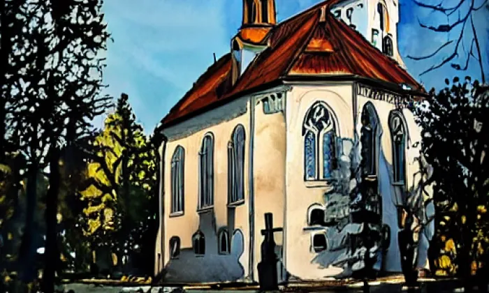 kostel svatého Jana Nepomuckého (Velký Valtinov) – akvarel