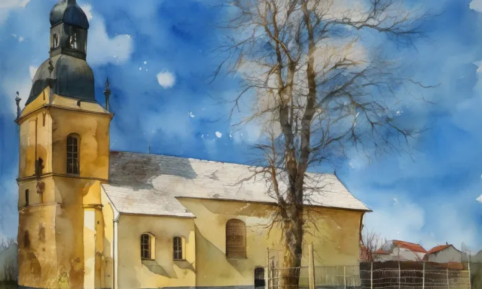 kostel svatého Jiří v Dobranově – akvarel