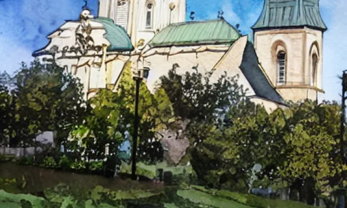 Kostel svatého Martina v Cerhovicích – akvarel