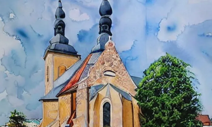 Kostel svatého Martina v Kozlech – akvarel