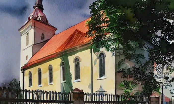 Kostel svatého Mikuláše (Měcholupy) – akvarel