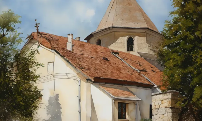 kostel svatého Petra a Pavla (Řeznovice) – akvarel