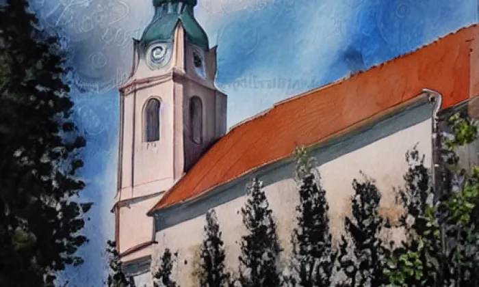 kostel svatého Petra a Pavla (Tasov) – akvarel