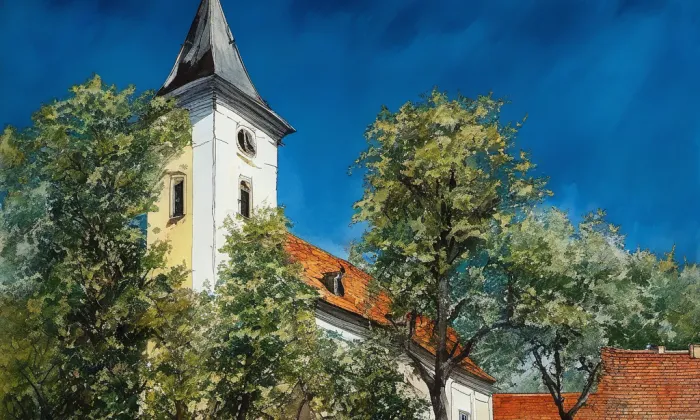 Kostel svatého Václava v Dolních Bojanovicích – akvarel
