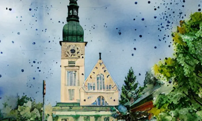 kostel svatého Václava ve Voticích – akvarel