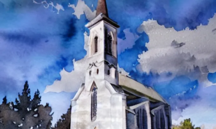 Kostel Všech svatých (Levínská Olešnice) – akvarel