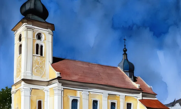 kostel Všech svatých (Milotice) – akvarel