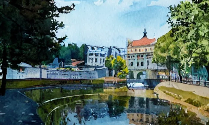 Modrý most – akvarel