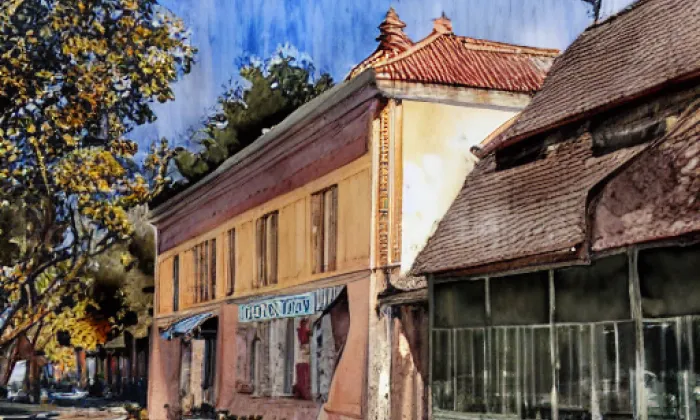 Budova hostince u Zámku Náměšť nad Oslavou – akvarel