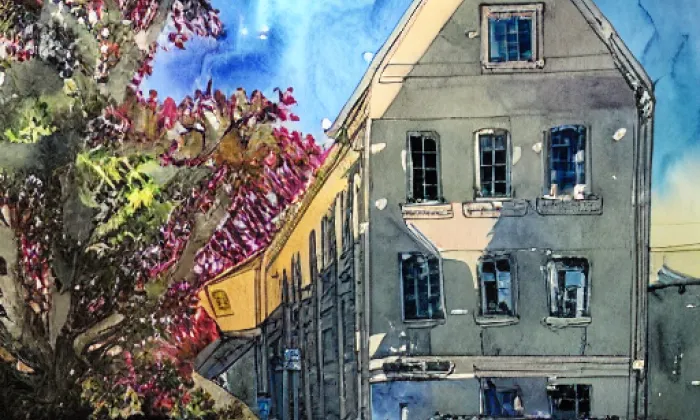 Dolní mlýn v Telči – akvarel