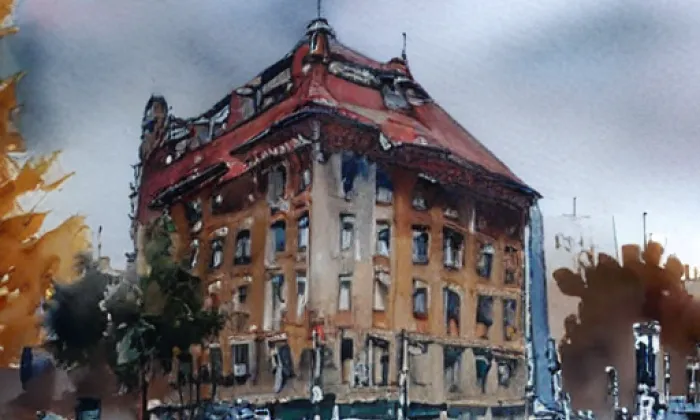 Domy čp. 366 a 282 - muzeum – akvarel