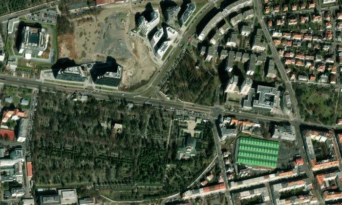 evangelický hřbitov ve Strašnicích – letecký pohled