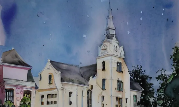 evangelický kostel v Šumperku – akvarel