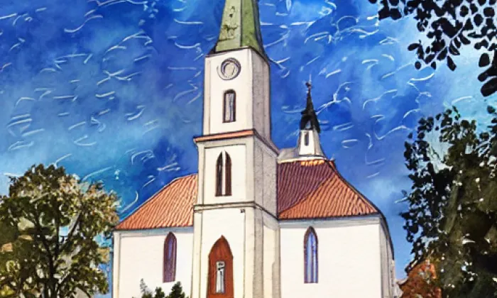 evangelický kostel v Horních Vilémovicích – akvarel