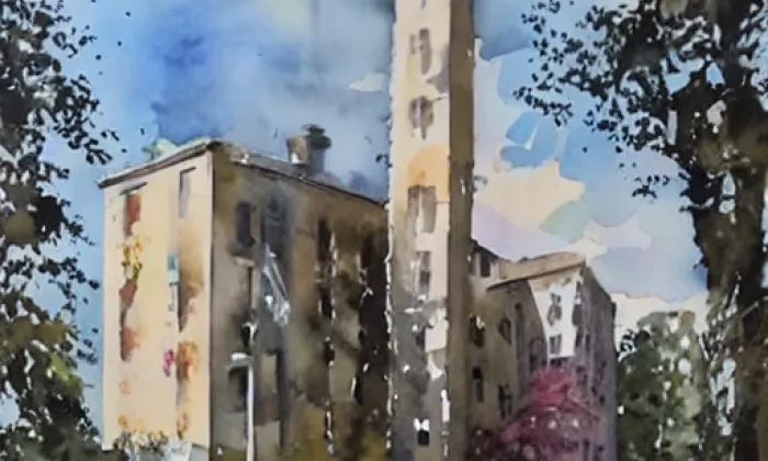 evangelický kostel v Lounech – akvarel