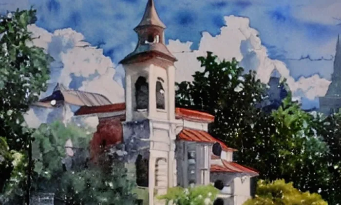 evangelický kostel v Sázavě – akvarel
