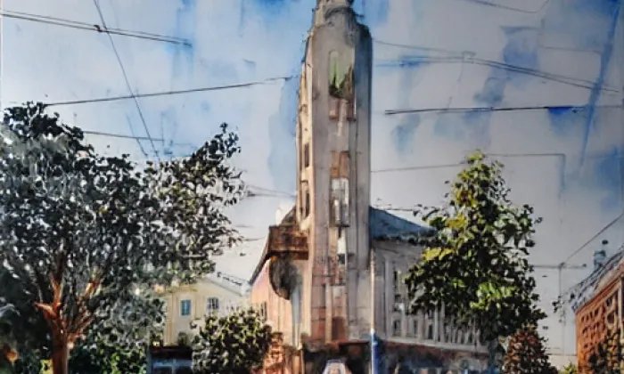 evangelický kostel ve Střešovicích – akvarel