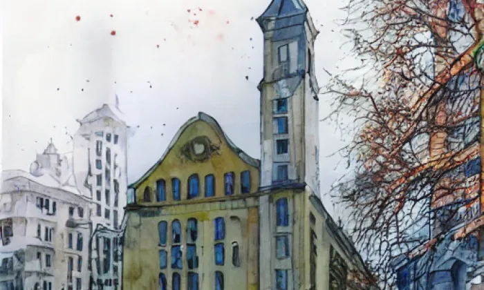 hřbitovní kaple v Kralupech nad Vltavou – akvarel