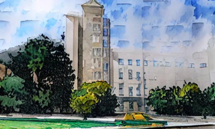 Husův sbor na Zbraslavi – akvarel