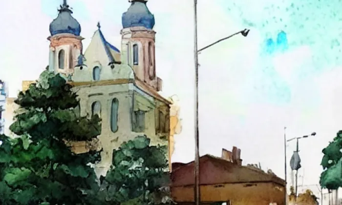 Kostel Nanebevzetí Panny Marie (Budišov nad Budišovkou) – akvarel