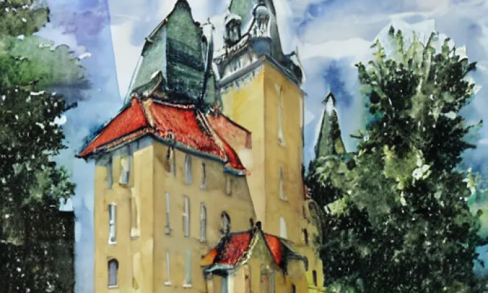 Kostel Nanebevzetí Panny Marie (Kytín) – akvarel