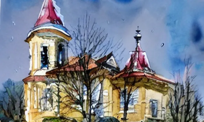 Kostel Nanebevzetí Panny Marie (Libořice) – akvarel