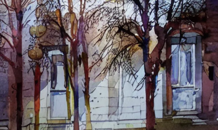 Kostel Navštívení Panny Marie (Deštnice) – akvarel