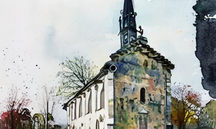 Kostel Nejsvětější Trojice (Český Dub II) – akvarel