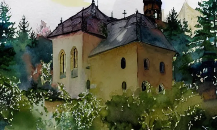 Kostel Nejsvětějšího Jména Ježíš (Křišťanov) – akvarel
