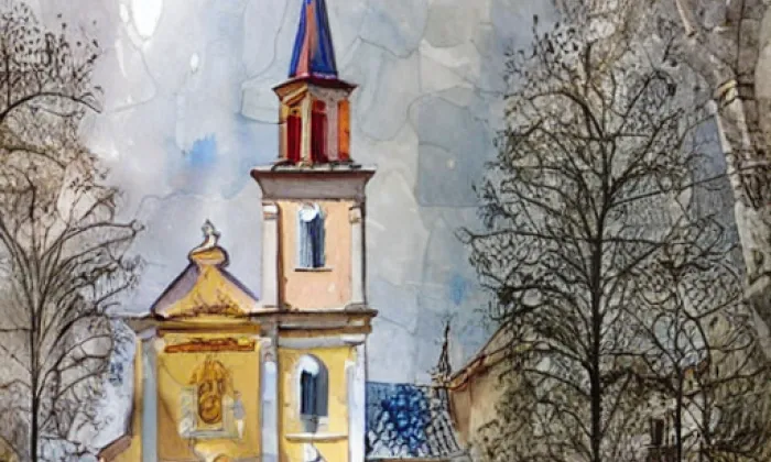 kostel Panny Marie Bolestné (Malá Lhota) – akvarel