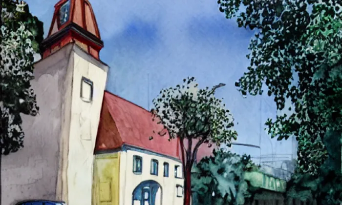 Kostel Panny Marie Bolestné (Stachy) – akvarel