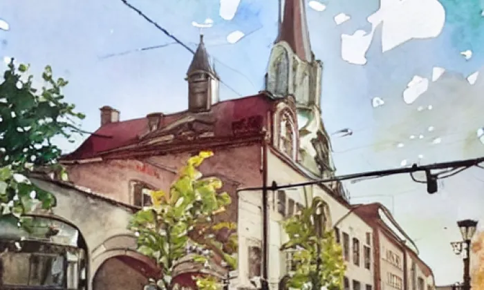 Kostel Panny Marie u alžbětinek v Praze – akvarel