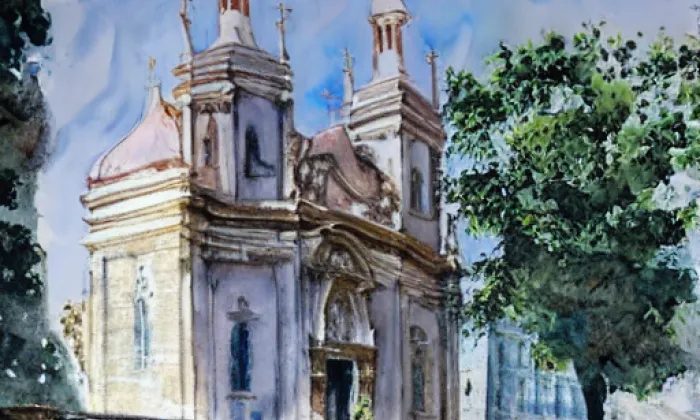 Kostel Povýšení svatého Kříže (Loukovec) – akvarel
