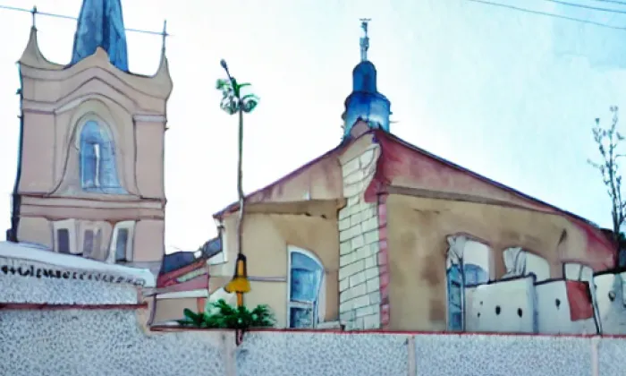 Kostel Srdce Ježíšova – akvarel