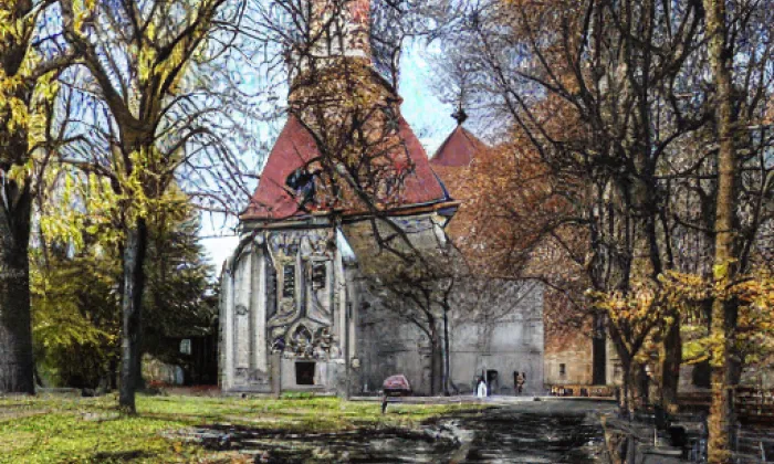 Kostel Stětí svatého Jana Křtitele v Dolních Chabrech – akvarel