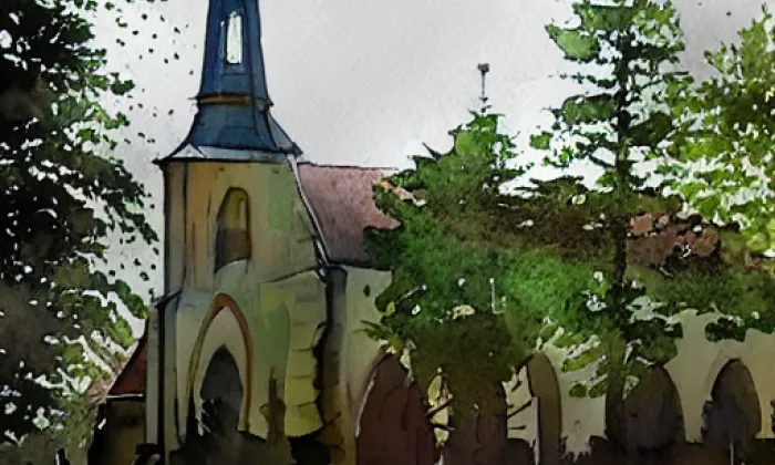 kostel svaté Barbory (Pacov) – akvarel