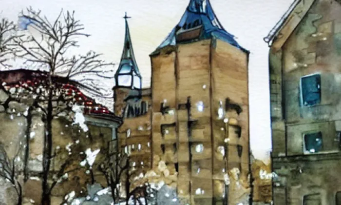 Kostel svaté Ludmily (Horní Počernice) – akvarel