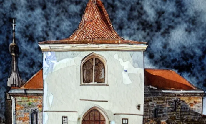 kostel svatého Bartoloměje v Mochově – akvarel
