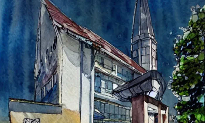 kostel svatého Bartoloměje ve Velkém Šenově – akvarel