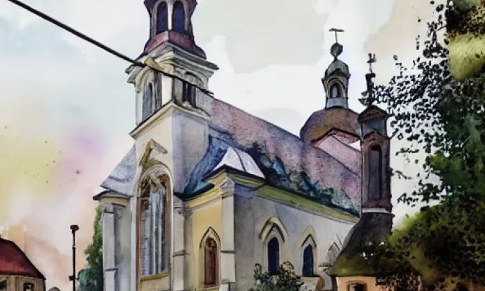 kostel svatého Jakuba Staršího (Cvrčovice) – akvarel