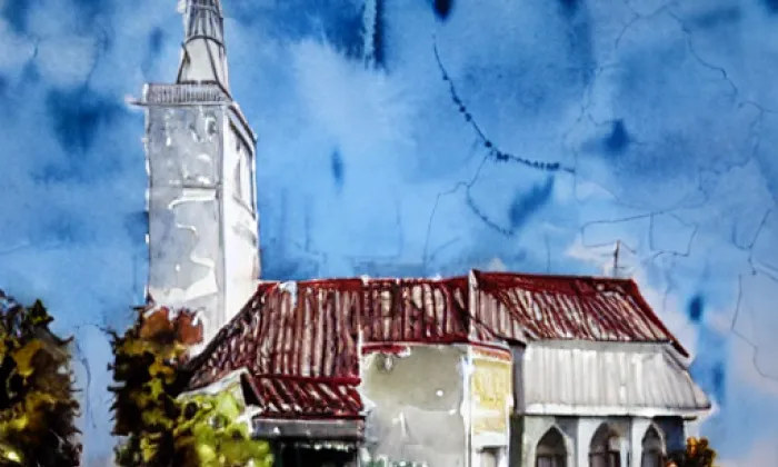 kostel svatého Jakuba Většího (Olbramovice) – akvarel