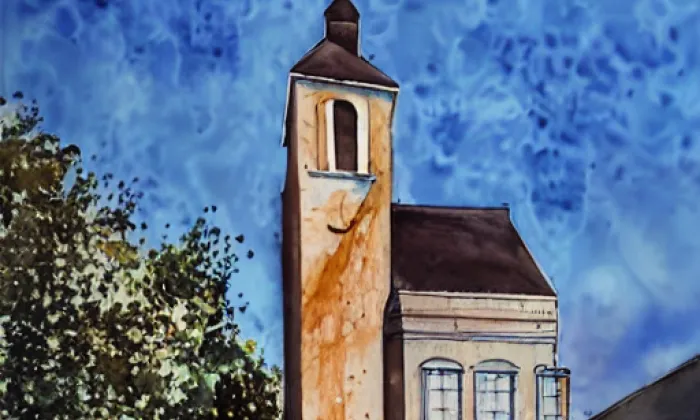 Kostel svatého Jakuba Většího ve Vroutku – akvarel