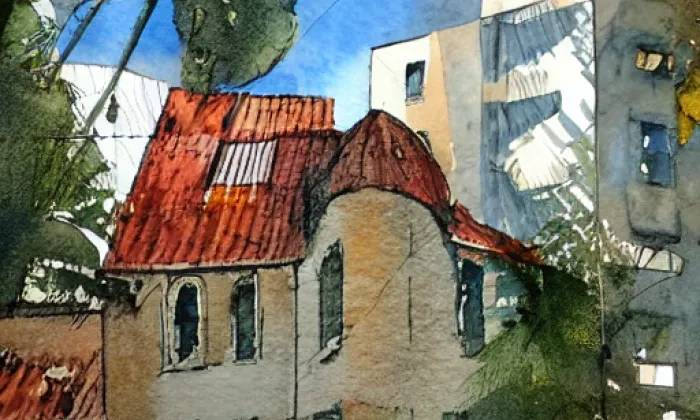 Kostel svatého Jiří v Hradešíně – akvarel
