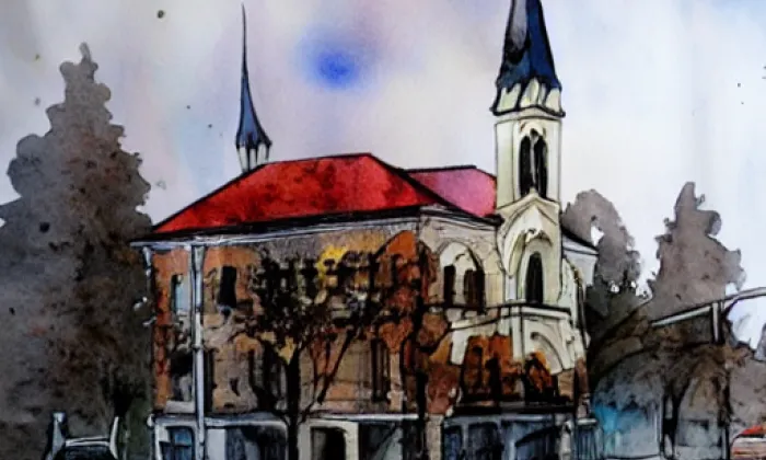 kostel svatého Martina z Tours (Zbýšov) – akvarel