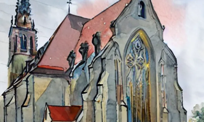 Kostel svatého Mikuláše ve Znojmě – akvarel