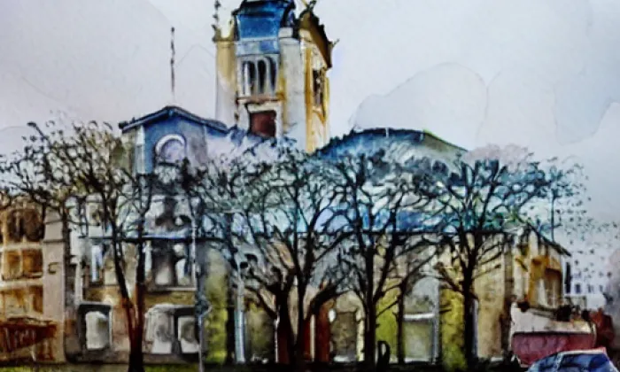 kostel svatého Petra a Pavla (Krajková) – akvarel
