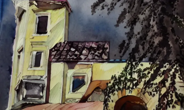kostel Všech svatých (Lutová) – akvarel
