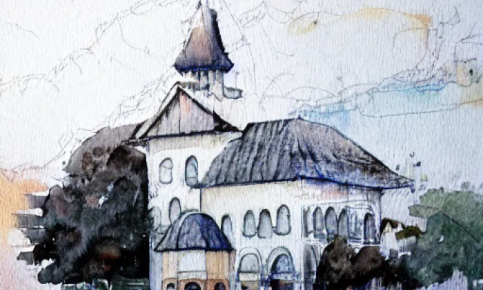 Kostel Všech svatých (Spořice) – akvarel