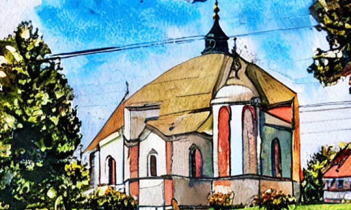Kostel Zvěstování Panny Marie (Miletín) – akvarel